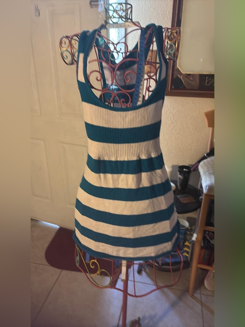 Wet Seal Teal and Cream Striped Knit Tank Dress